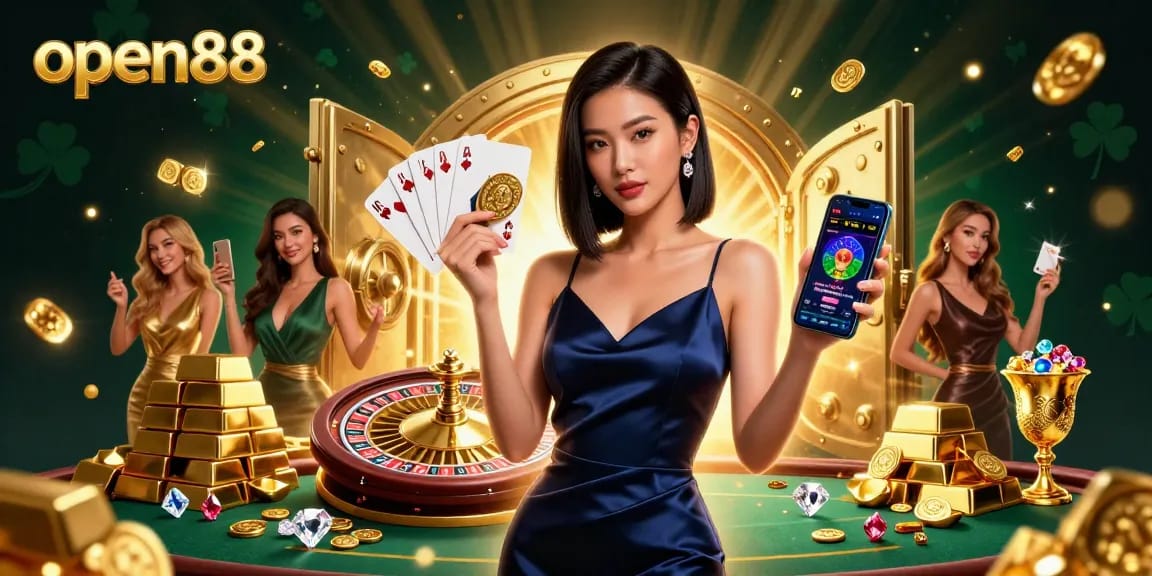 Experience winning at open88 with stunning graphics of a confident woman enjoying a casino app in a vibrant setting.