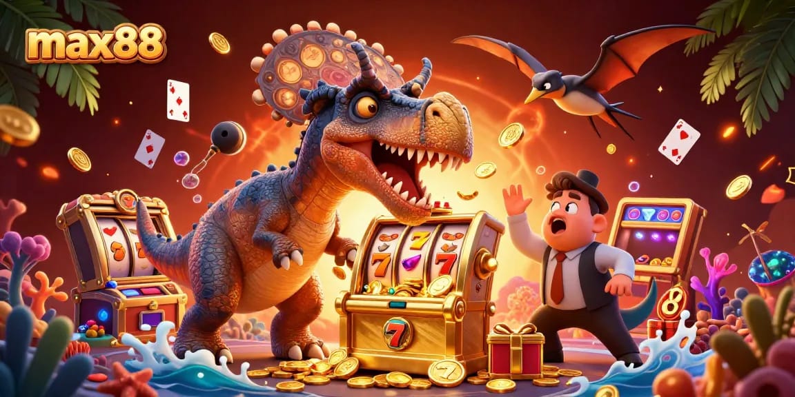 Catch stunning jackpot coins in max88 with adventurous characters at this vibrant casino scene.