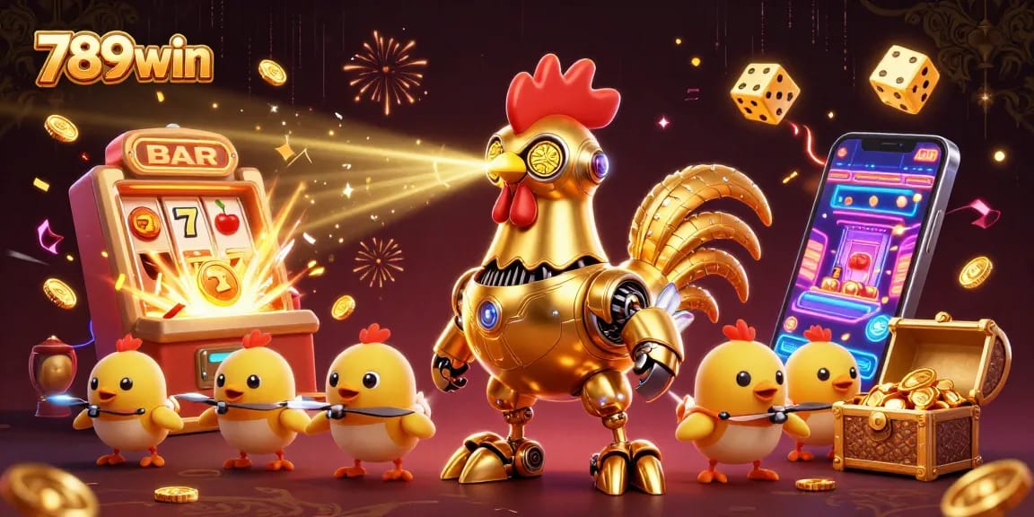 Engage with the thrilling features of 789win's dynamic casino experience showcasing a golden rooster and playful drones.