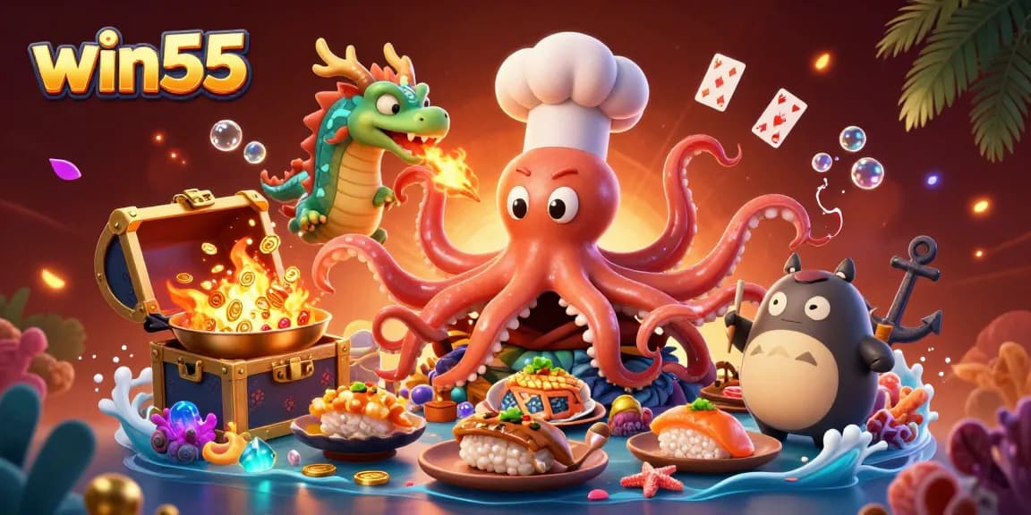 win55 brings excitement with a gaming-themed feast featuring a whimsical octopus chef and fire-breathing dragon.
