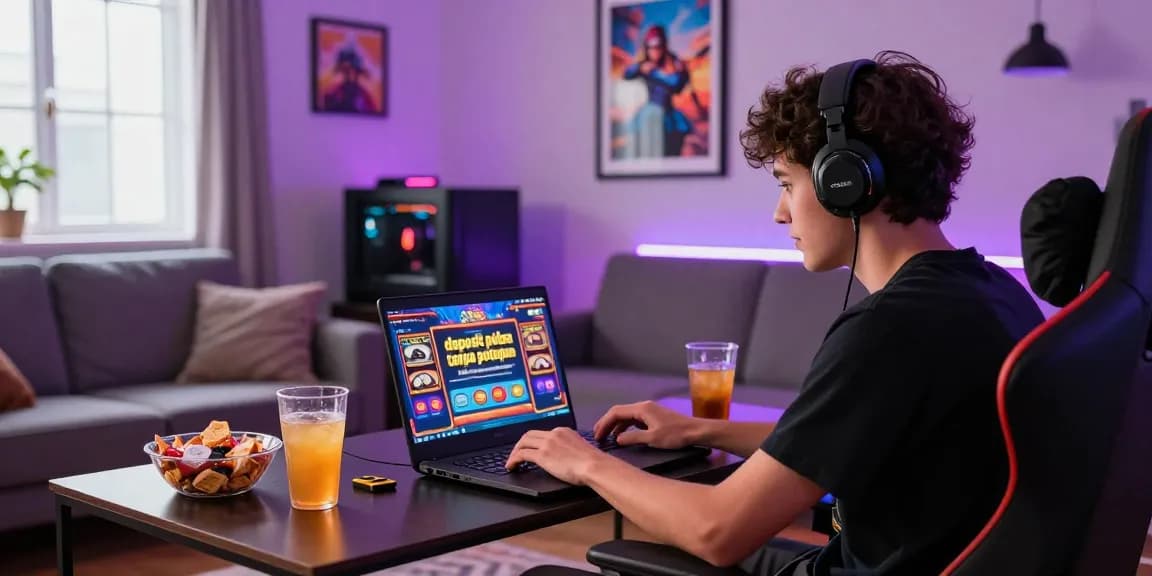 Person enjoying slot games with deposit pulsa tanpa potongan on laptop in a vibrant living room.