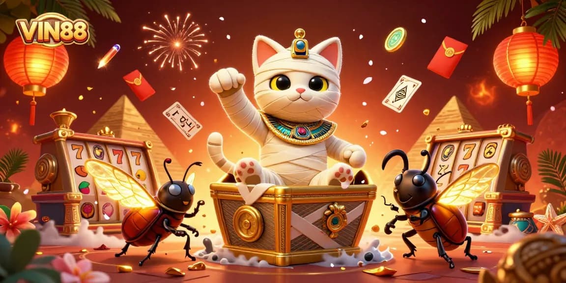 Experience the thrills with VIN88 in a magical casino scene featuring a mummy cat and lucky symbols.