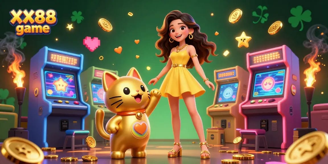 Experience the thrill of XX88 game with a vibrant illustration featuring joyful gambling elements and a lucky cat.