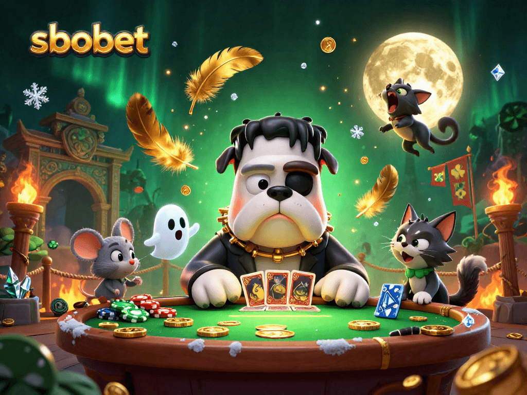Engage with sbobet through an exciting casino scene featuring unique characters and gambling elements.