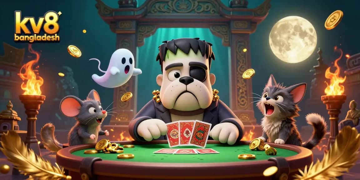 Experience thrilling gaming at kv8 bangladesh with a vibrant casino scene featuring unique characters playing cards and floating chips.