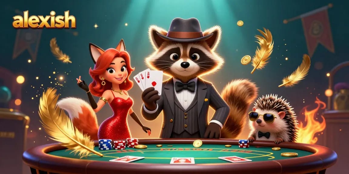 Play poker with Alexish's luxurious 3D scene featuring charming characters and atmospheric elements.
