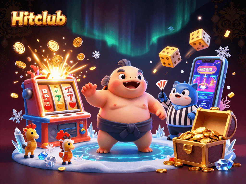 Hitclub players celebrate their winnings at a vibrant underwater casino scene with a slot machine.