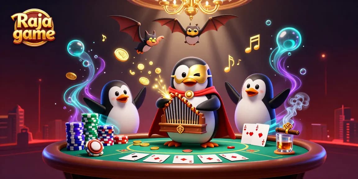 Experience thrill with Raja game in this vibrant 3D casino scene featuring an acrobat and a penguin.