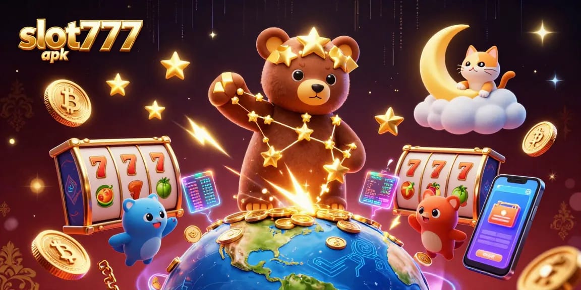 Spin the reels with slot777 apk in a vibrant, colorful 3D casino illustration, featuring golden stars.