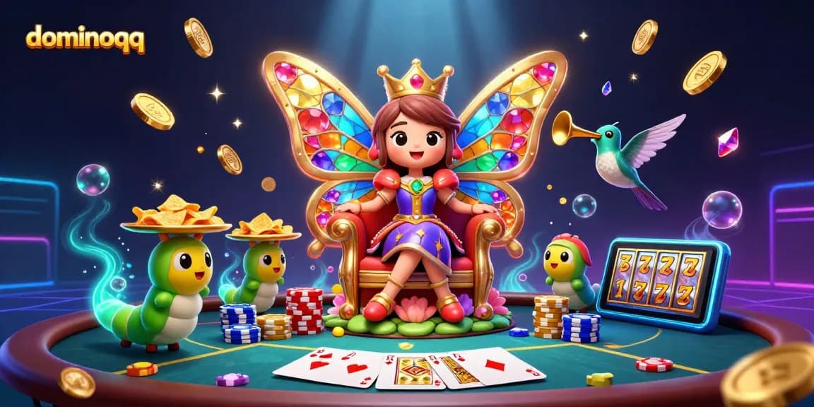Win with dominoqq in a vibrant 3D casino scene featuring a butterfly queen and poker elements.