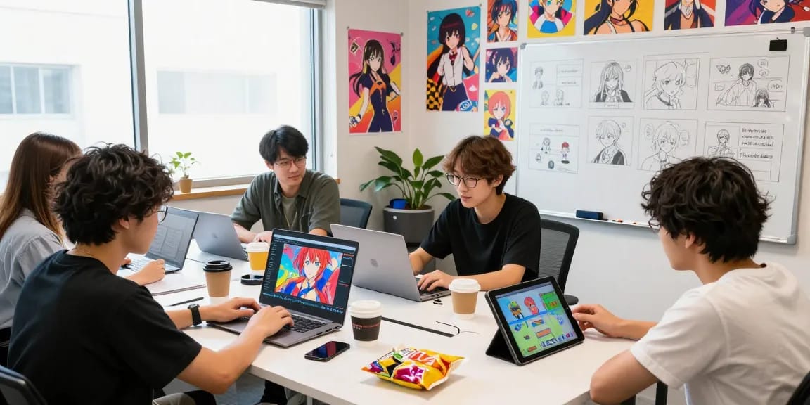 Developers collaborating on hentai games in a colorful studio filled with game art.