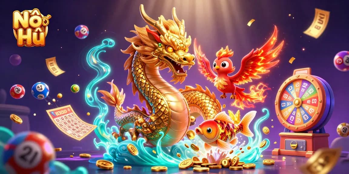Experience Nổ Hũ with engaging characters like a golden dragon and lucky koi fish amidst vibrant gaming elements.