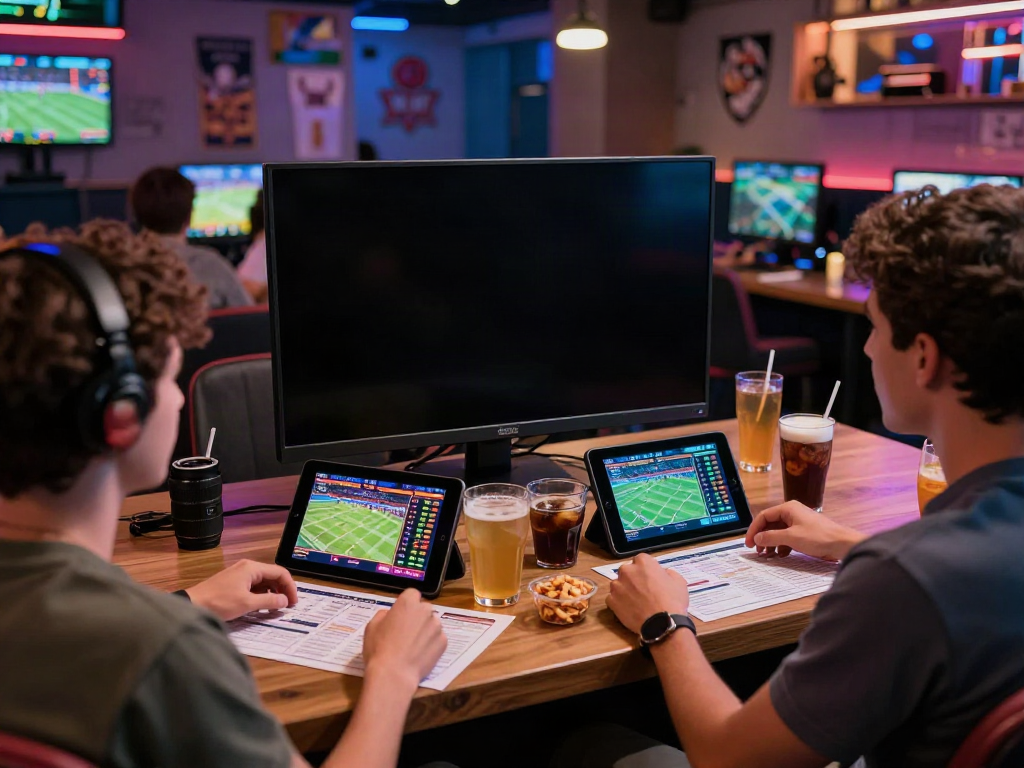 Exciting sports betting atmosphere at https://operatoriu-apzvalgos.lt/ with friends engaging over live matches and betting data.
