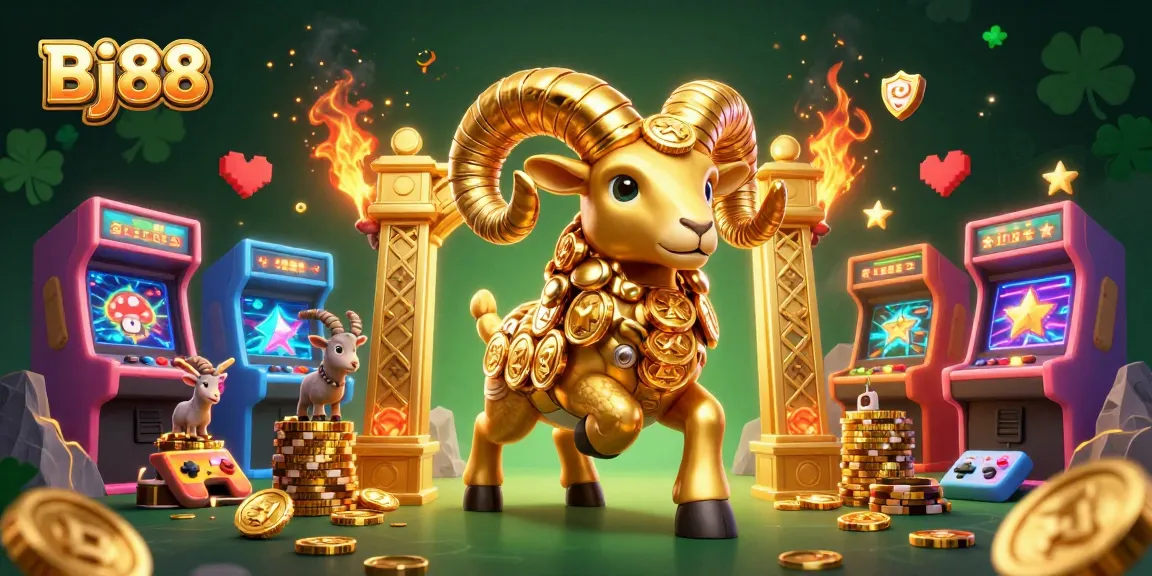Bj88 features an exciting scene with a golden ram and vibrant gaming elements, showcasing a dynamic casino experience.