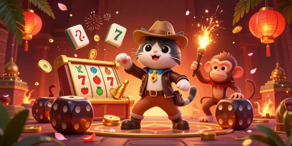 Experience excitement with Slot Zeus as a cat explorer and monkey uncover riches in a vibrant casino scene.