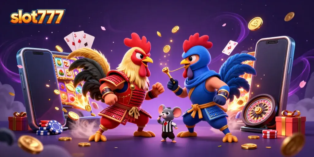 Experience exciting slot777 action with dynamic gambling scenes featuring 3D cartoon fighting roosters and thrilling game elements.