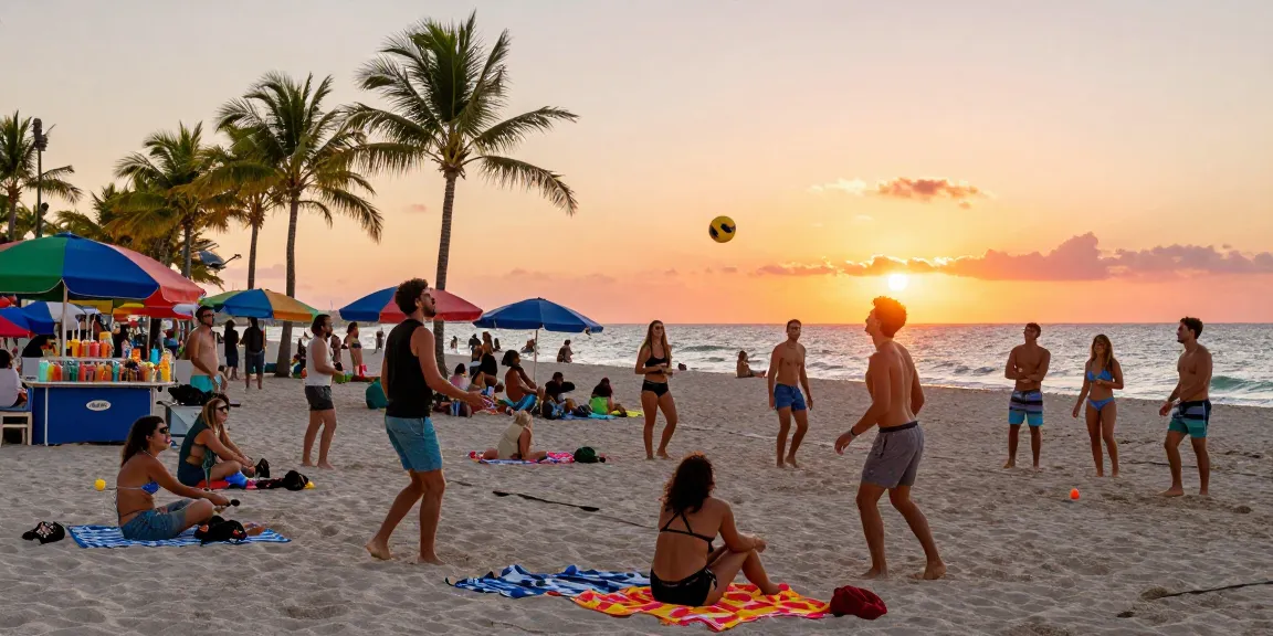 Suasana pantai Miami saat matahari terbenam dengan teman-teman bersenang-senang di https://miami4d.com/.