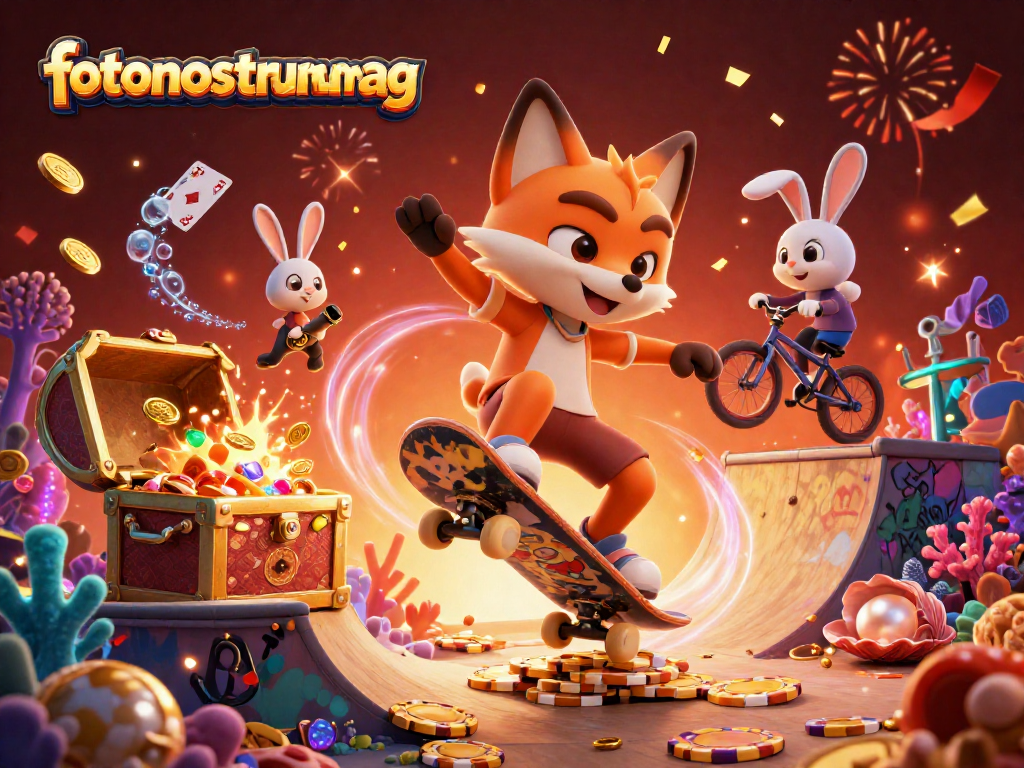 fotonostrummag의 카지노 심볼이 있는 벽에서 트릭을 하는 BMX 토끼와 함께 킥플립을 하는 스케이트보드 여우를 묘사한 일러스트