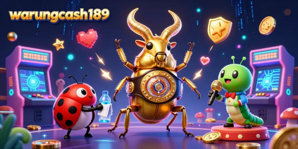 Engage in thrilling gaming action with warungcash189 in a vibrant casino illustration featuring a golden beetle champion.