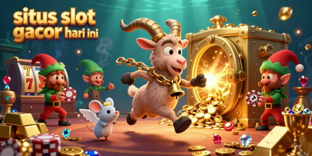 Menggoda para pemain dengan situs slot gacor hari ini yang menampilkan karakter Krampus dan elf mencuri chip poker dalam kasino yang megah.