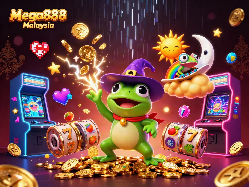 Experience Mega888 Malaysia with an exciting 3D illustration of casino characters among golden coins.