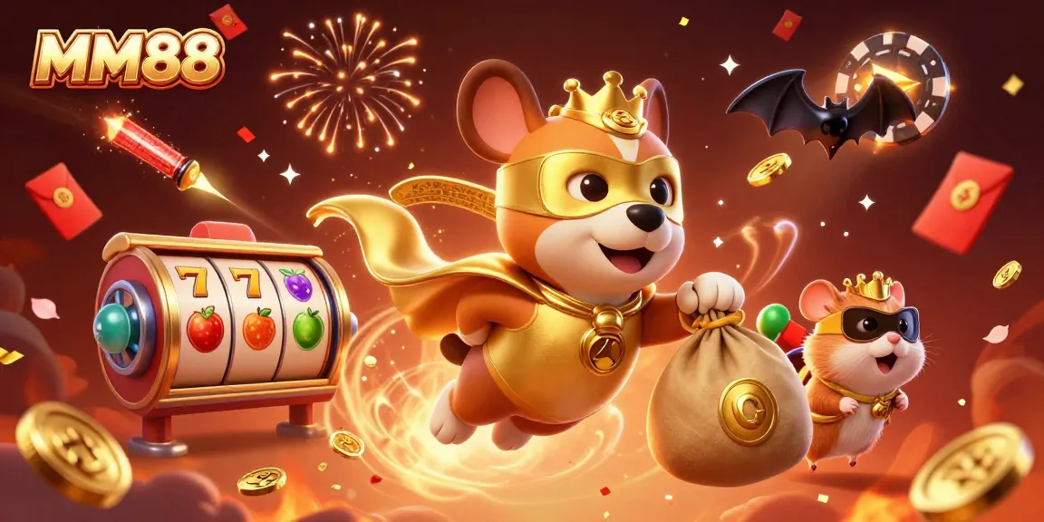 Experience the excitement of MM88 with a superhero dog, lucky slot symbols, and festive fireworks!
