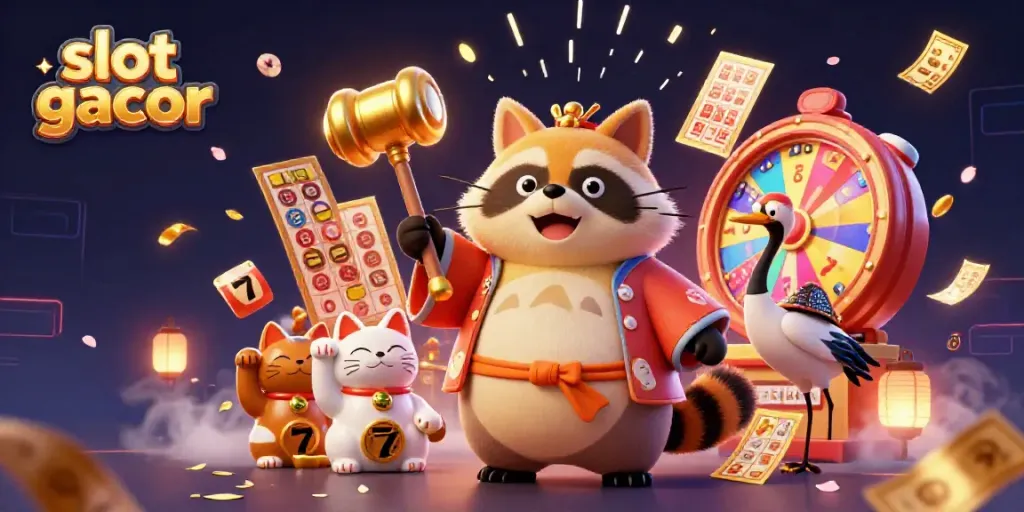 Experience the excitement of slot gacor with animated characters, vibrant slot reels, and a lively casino atmosphere.