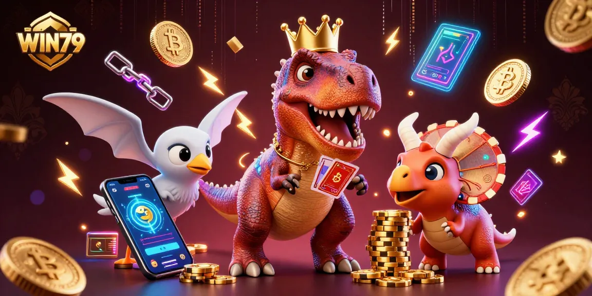 WIN79 engages players with a fun scene of a friendly T-Rex shuffling cards at a vibrant casino table.