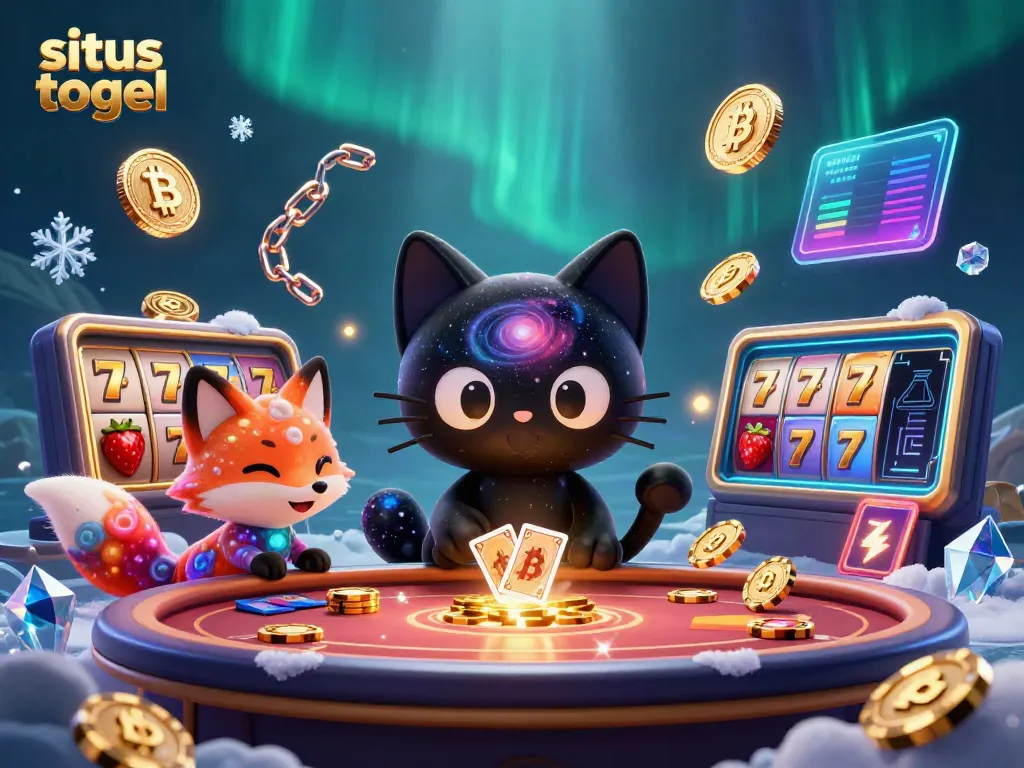 Engage with situs togel with a whimsical cosmic casino scene featuring cartoon characters pulling in chips and cards.