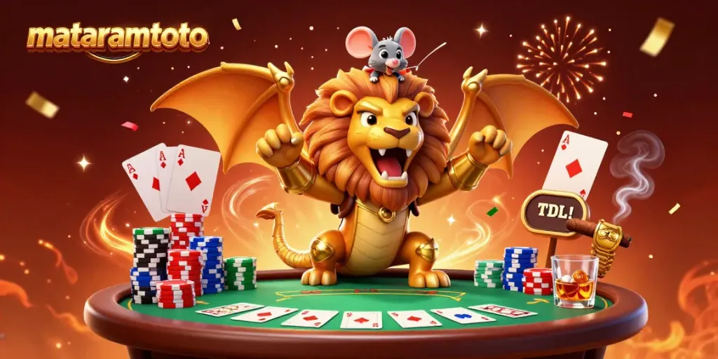 Play poker with the golden chimera character and mouse jockey featuring mataramtoto in a dynamic casino scene.