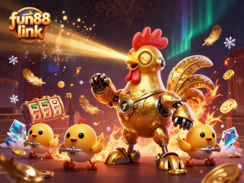 Engage in thrilling slots with fun88 link through stunning 3D casino art featuring a golden rooster robot.