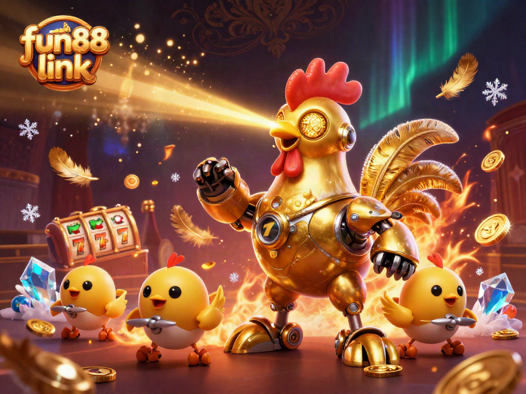 Engage in thrilling slots with fun88 link through stunning 3D casino art featuring a golden rooster robot.