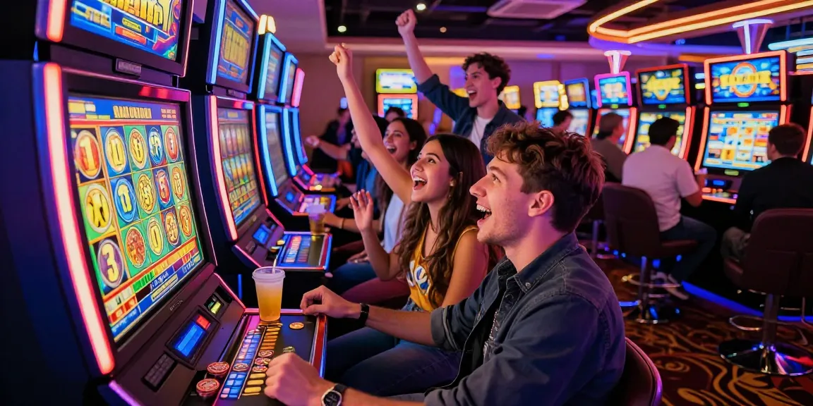 Friends celebrating wins at the rajakhodam89 slot machine in a vibrant casino.