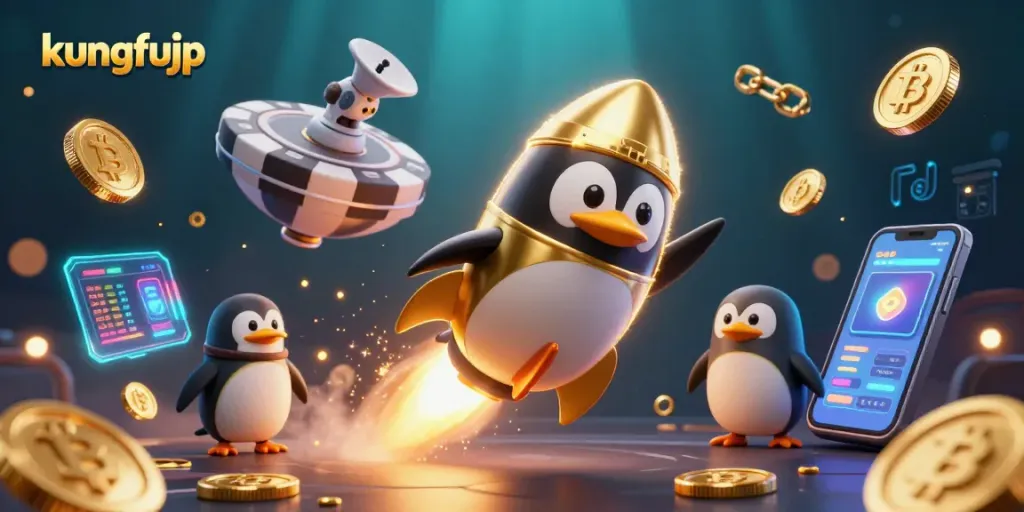 Memenangkan slot online di kungfujp dengan simbol keberuntungan dan koin emas yang berkilau