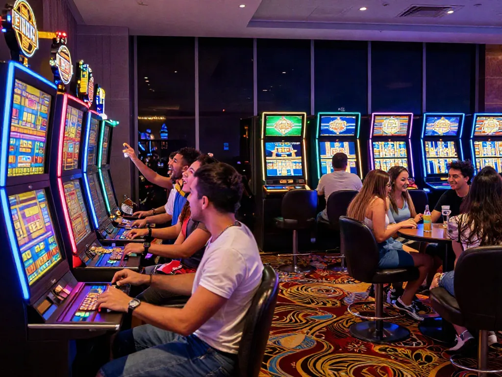 Friends enjoying a vibrant slot machine experience in a busy casino.