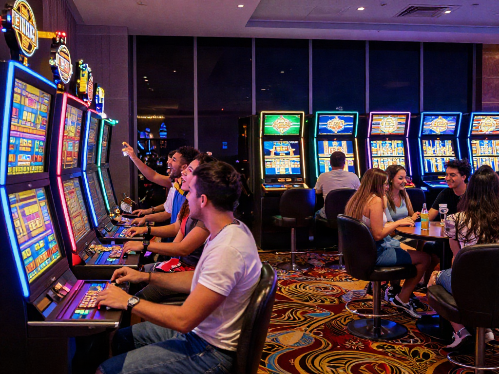 Friends enjoying a vibrant slot machine experience in a busy casino.