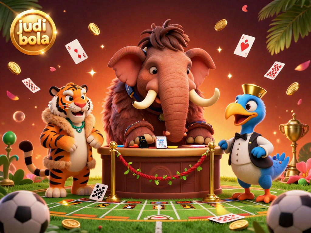 Engage in judi bola betting excitement with a vibrant scene featuring unique characters and dynamic sports elements.