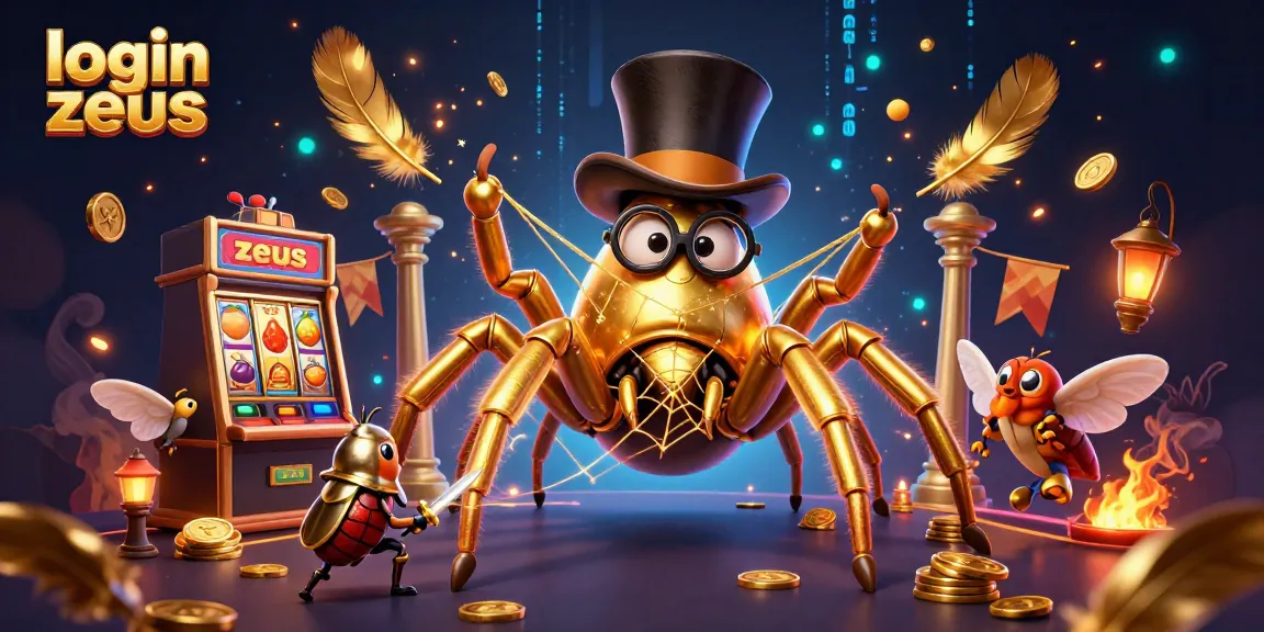 Login zeus dengan tarantula emas bertopi di kasino bertema, penuhi jackpot dan koin emas.