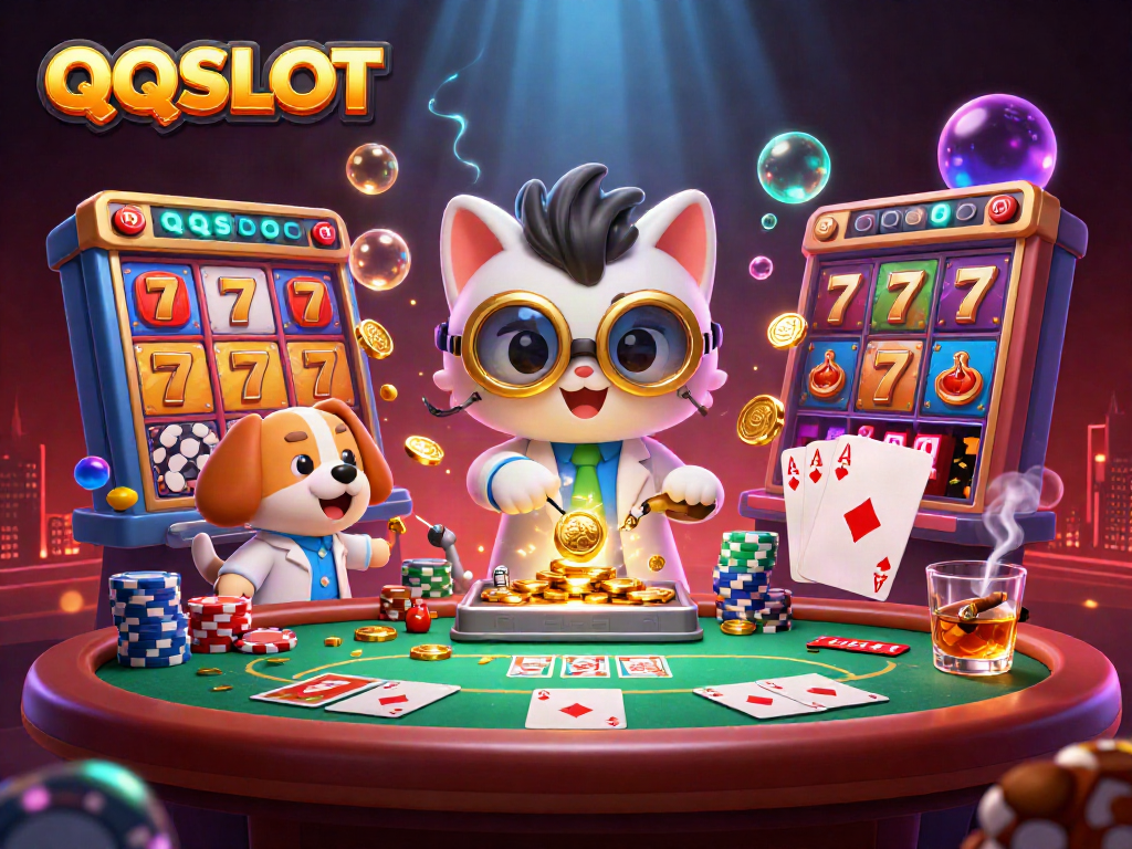Spin the reels and win big with QQSLOT in an energetic 3D casino scene.
