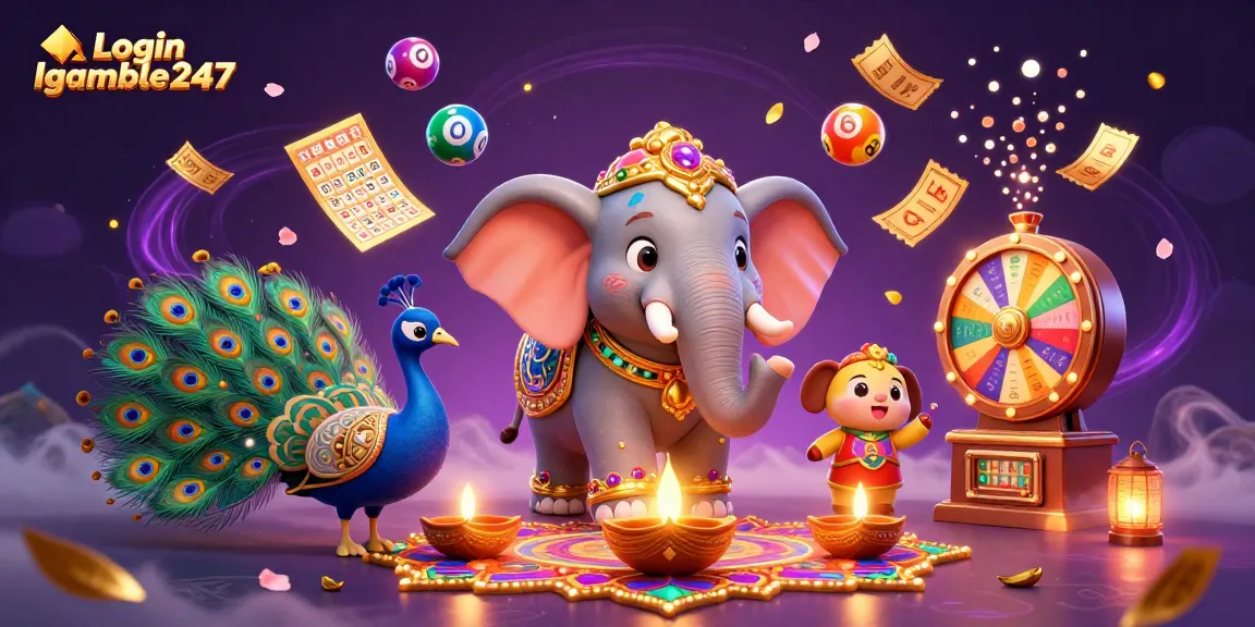 Experience the thrill of Login Igamble247 with vibrant 3D illustrations of festive casino elements.