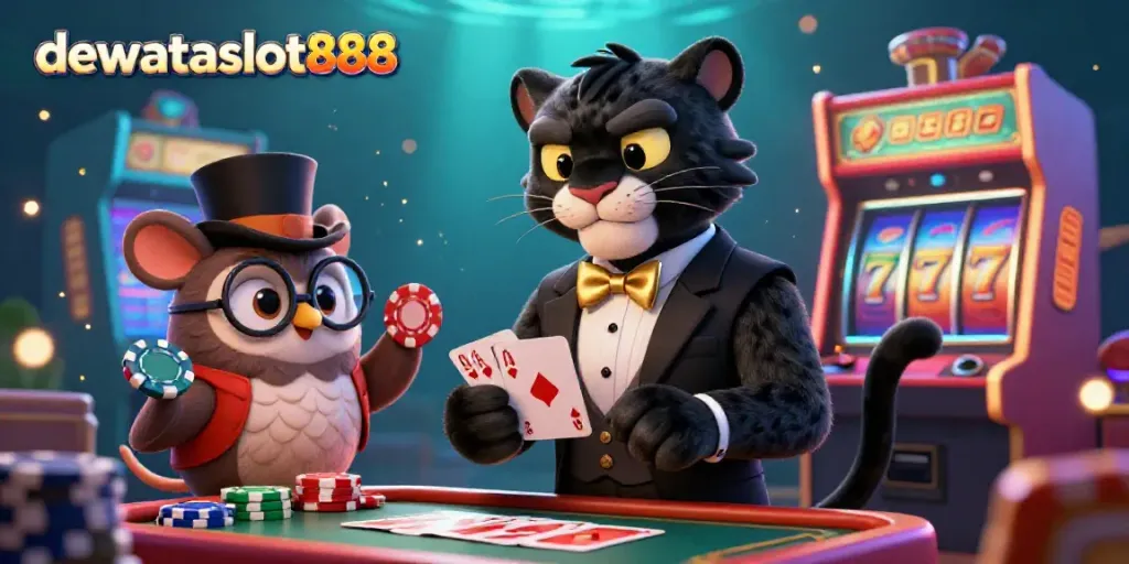 Memperkenalkan dewataslot888, panther chic yang berurusan kartu sambil dikelilingi mesin slot dan kasino.
