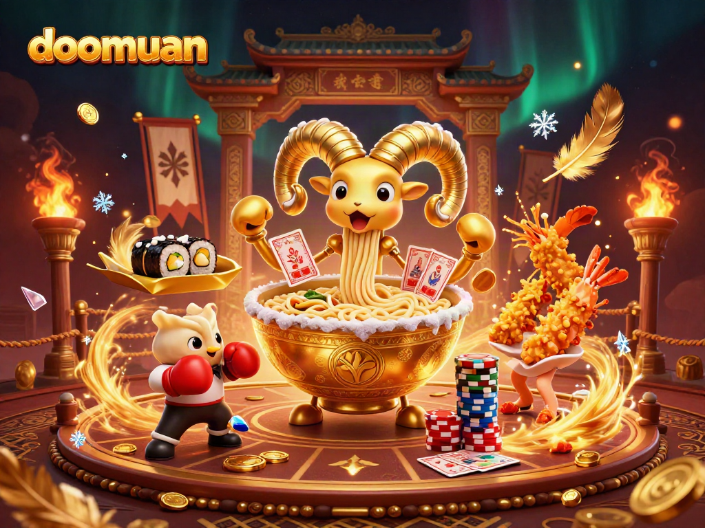 Engage with doomuan in a vibrant gambling scene featuring a golden ramen bowl and dynamic cheering elements.