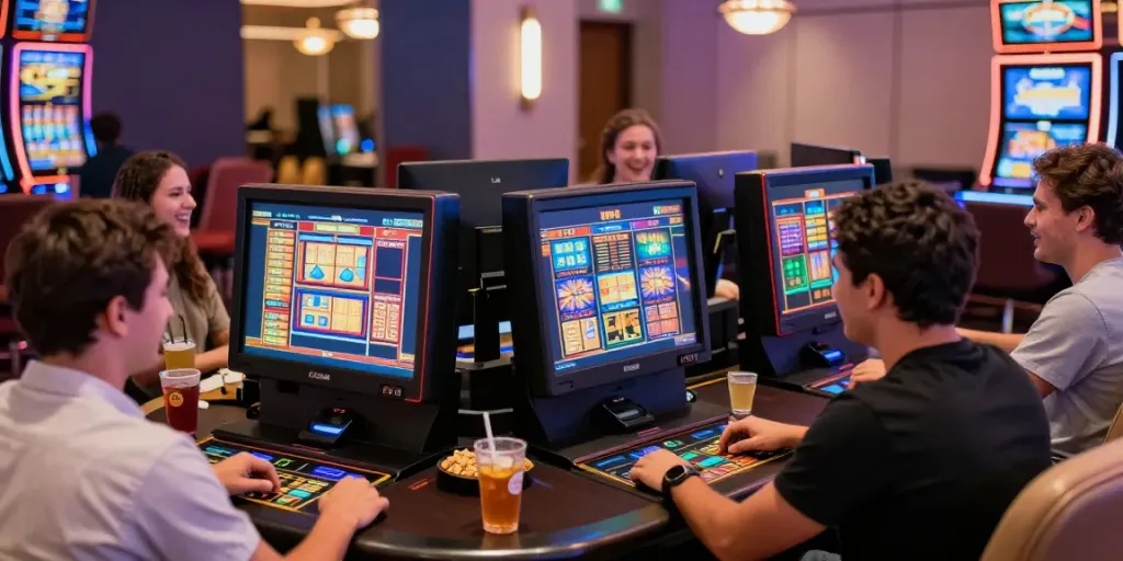 Players enjoying judi slot games in a lively casino setting with colorful screens and joyful atmosphere.