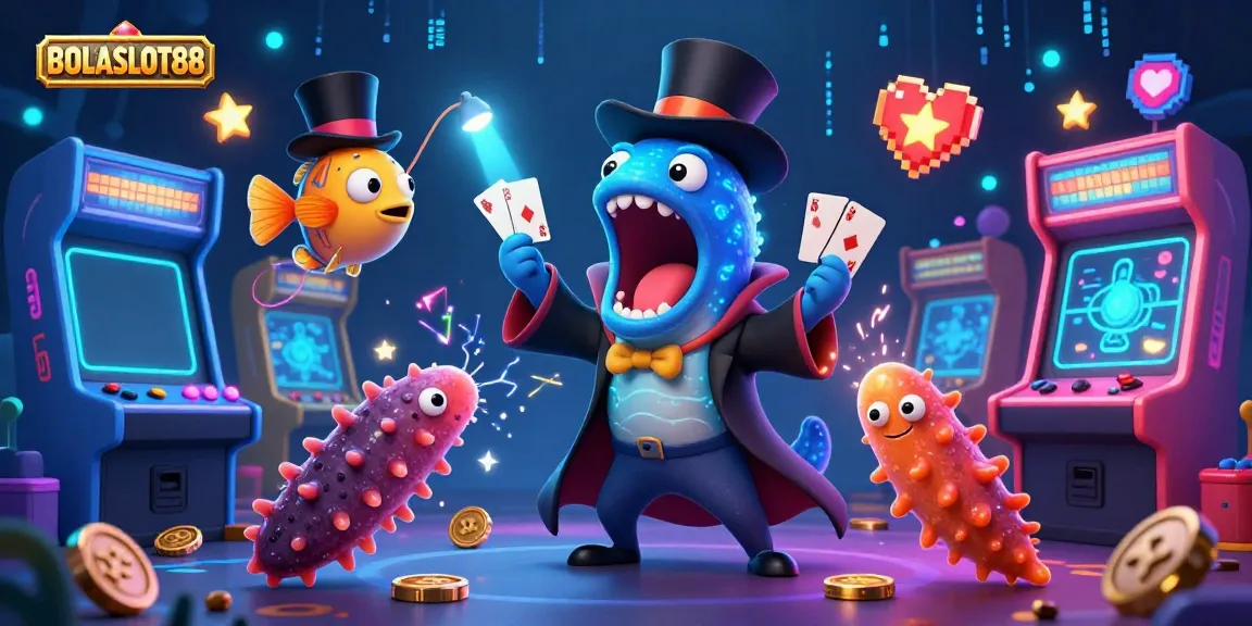 BOLASLOT88 showcases an exciting 3D underwater casino scene featuring bioluminescent characters and arcade games.