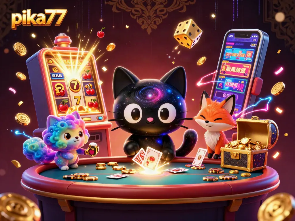 Engage with exciting games at pika77, with vibrant casino symbols and stellar characters enriching the experience.