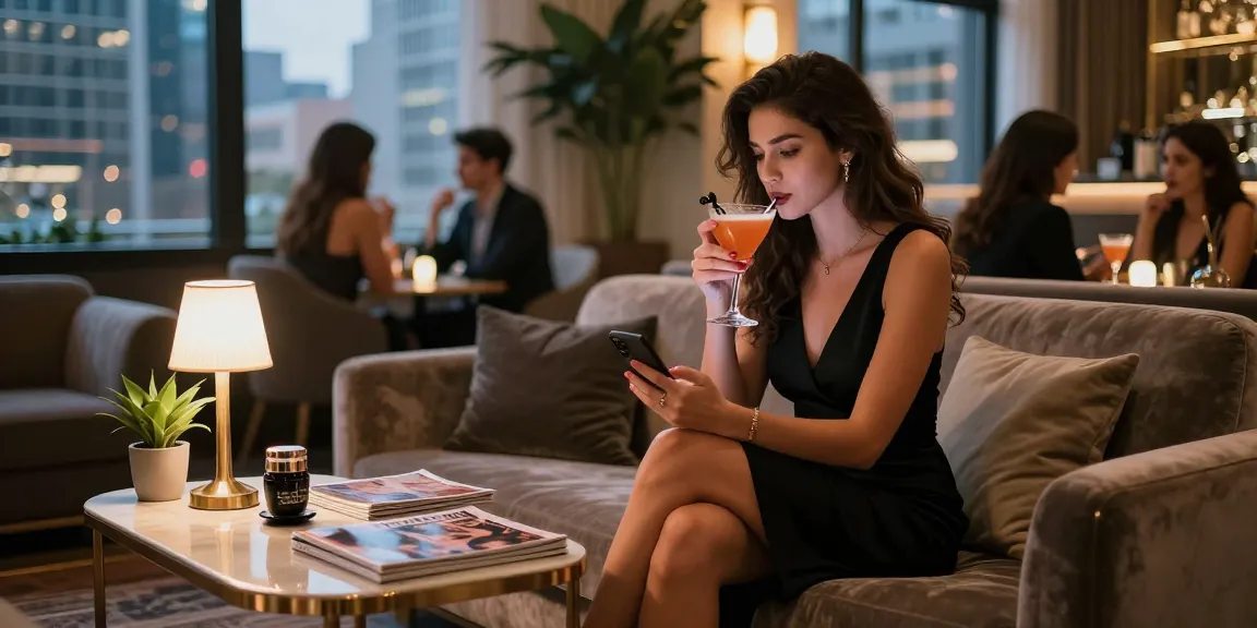 Elegant woman enjoying a cocktail and browsing options at an upscale lounge, reflecting the allure of escorts as a luxury experience.