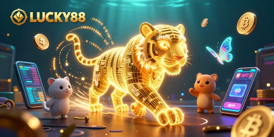 Engage with LUCKY88's vibrant casino scene featuring neon elements and golden tiger characters.