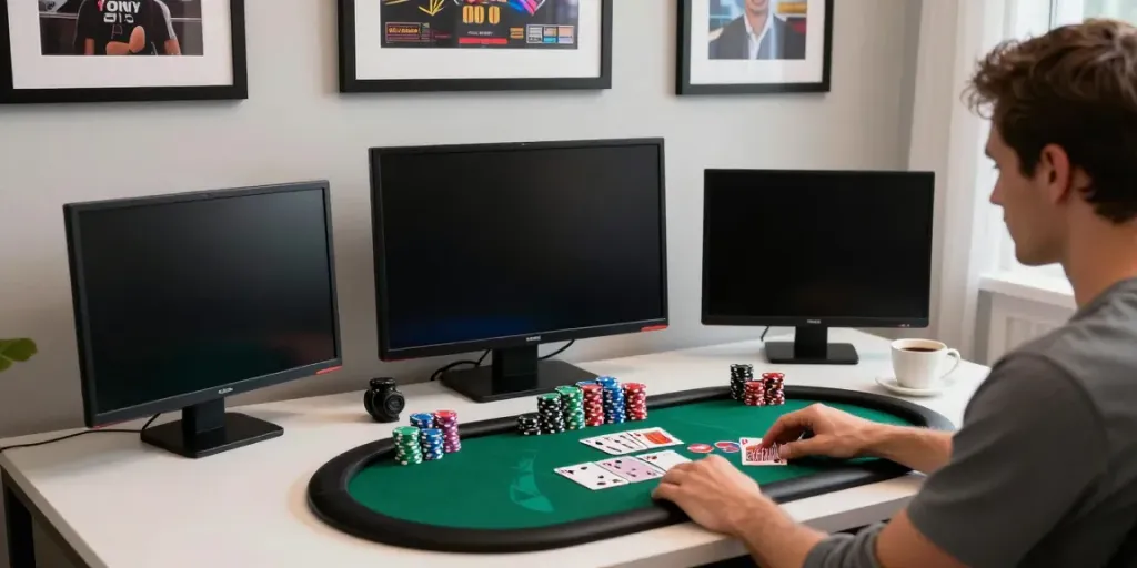 A modern gambling setup showcasing akunjp with vibrant gaming interfaces and poker chips.
