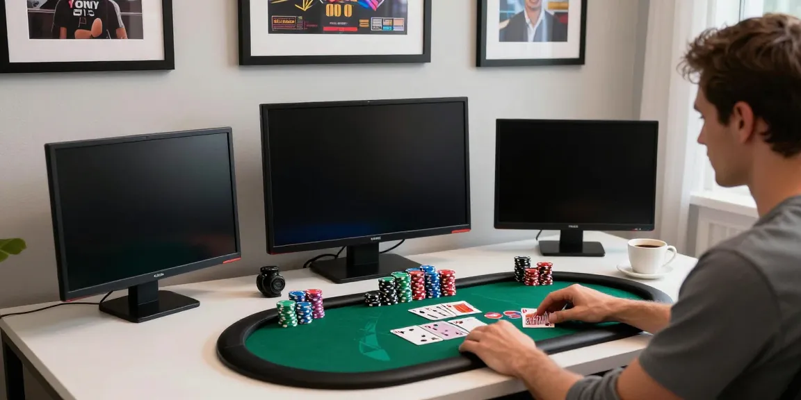 A modern gambling setup showcasing akunjp with vibrant gaming interfaces and poker chips.