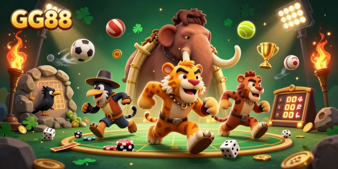 Exciting GG88 gaming scene with caveman and sabertooth duo managing a vibrant casino.